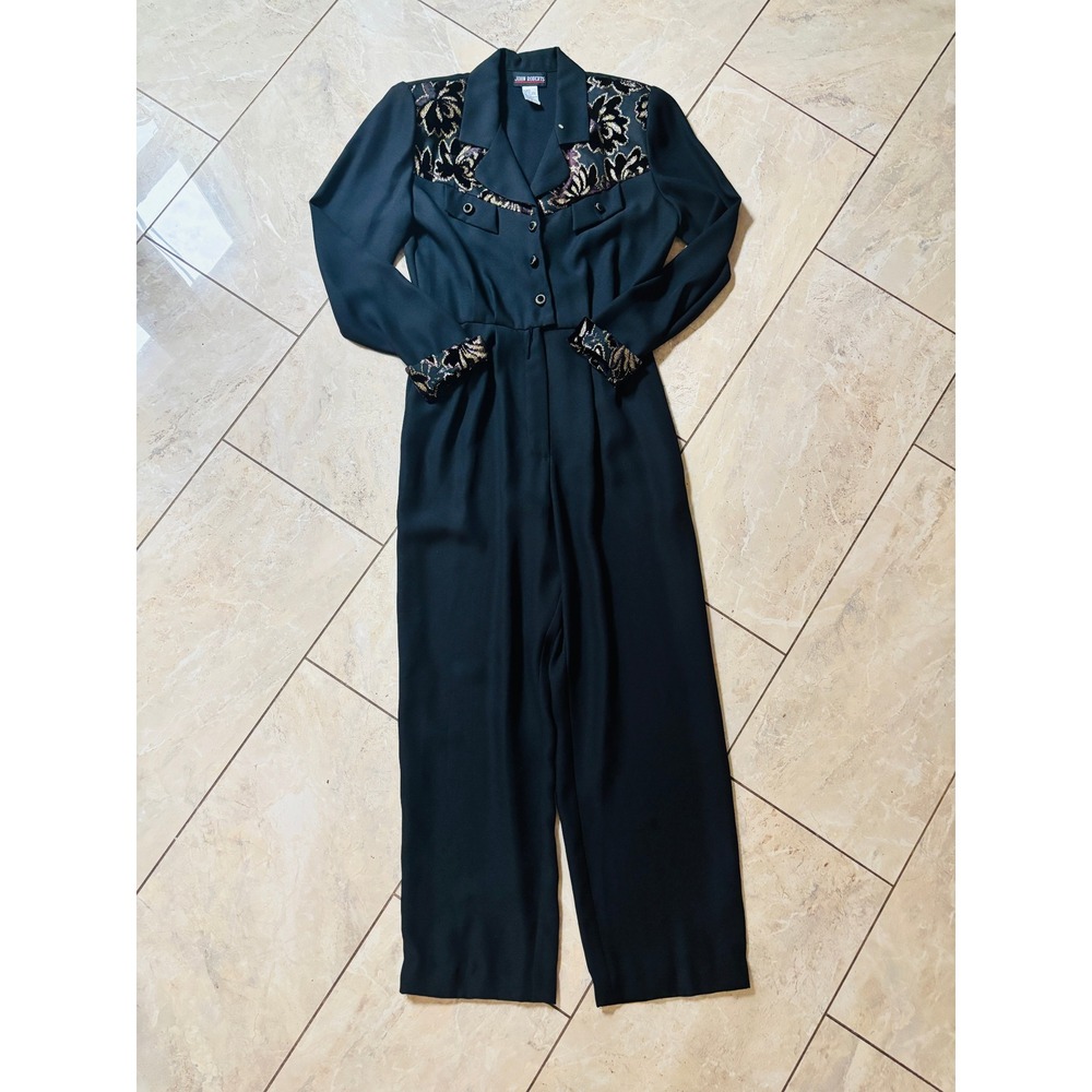 Vintage John Roberts Jumpsuit 80s 90s Black Metallic Brocade Velvet Trim Size 8